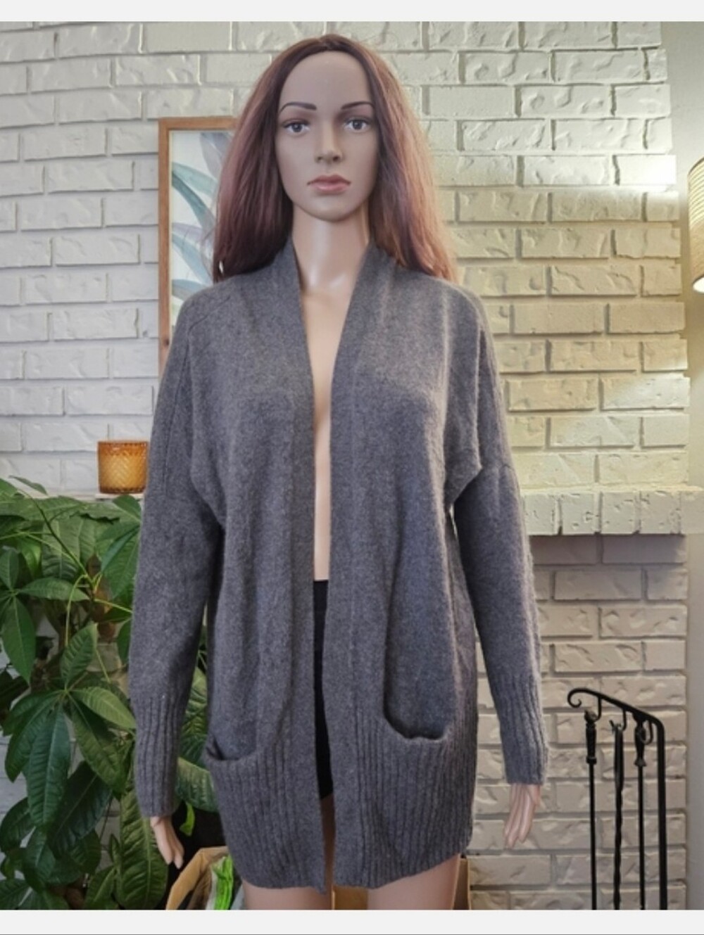 Aritzia Talula Charcoal Gray Open Front Cardigan Long Line Angora Cashmere Blend